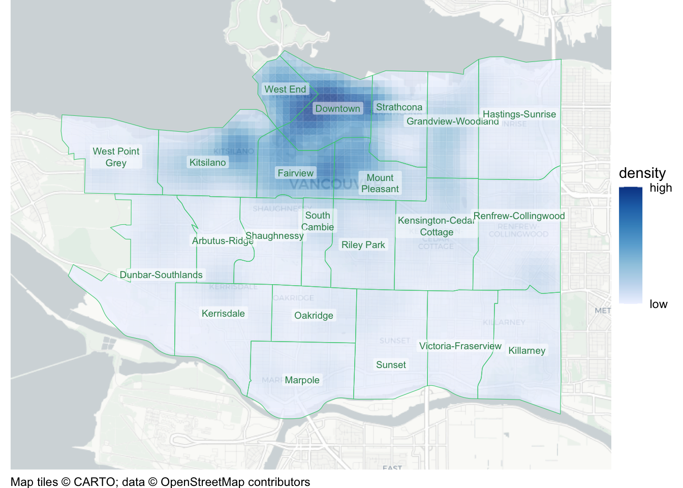 Density map of recorded bicycle thefts in Vancouver in 2020. Darker blue indicates higher estimated density, strongest on the Downtown peninsula and around the north-central neighbourhoods south of False Creek. Density is lower towards the southern edge. Green neighbourhood boundaries and labels provide location context on a pale street map.