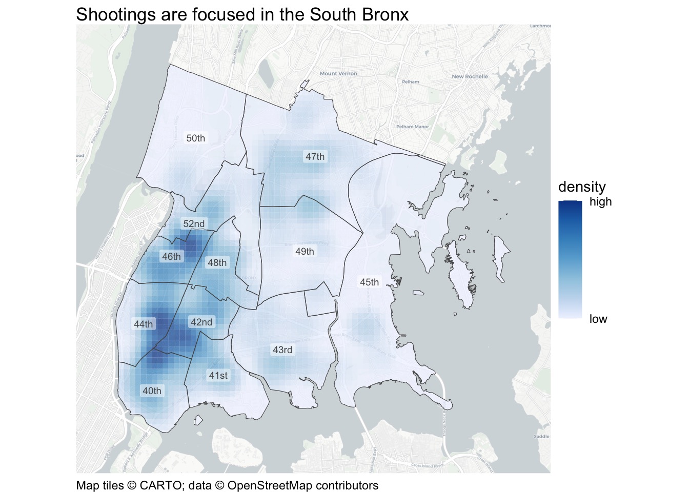 Density map of recorded shootings in the Bronx in 2019. Darker orange indicates higher estimated density, concentrated in the south-west; the eastern precincts are mostly pale. Precinct boundaries and numbers locate the shaded concentrations on a pale street map. The added title states that shootings are focused in the South Bronx.
