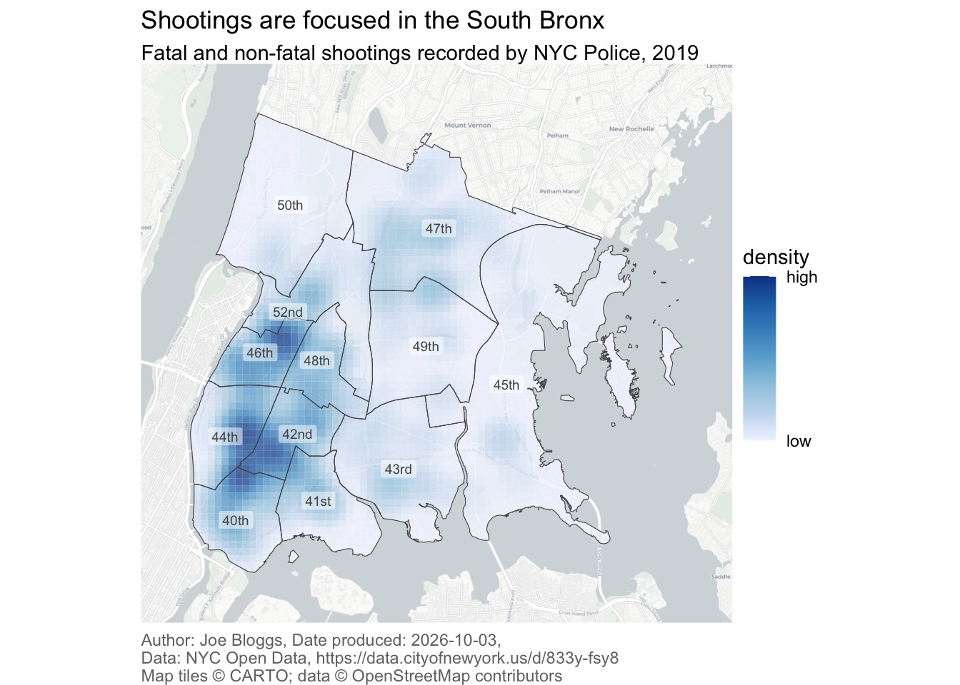 Density map of recorded shootings in the Bronx in 2019. Darker orange indicates higher estimated density, concentrated in the south-west; the eastern precincts are mostly pale. Precinct boundaries and numbers locate the shaded concentrations on a pale street map. The source caption is smaller, grey and left-aligned, reducing its prominence relative to the map title.