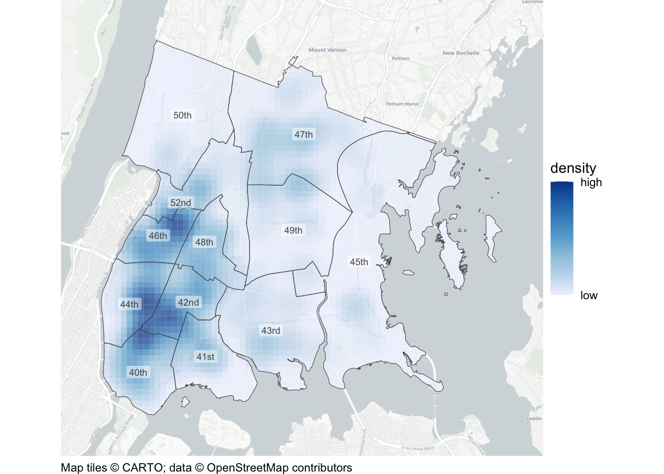 Basic density map of recorded shootings in the Bronx in 2019. Darker blue cells indicate higher estimated density, concentrated in the south-west, while eastern areas are much paler. Police-precinct boundaries and ordinal precinct numbers locate the concentrations over a pale street map; the legend still shows numeric density values.
