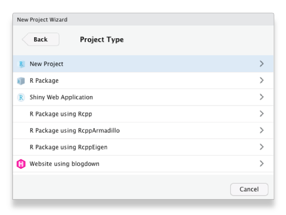 Screenshot of an RStudio window for choosing from different types of RStudio project