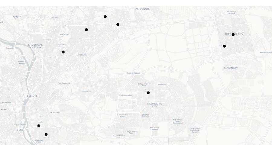 A map showing several points in the city of Cairo, Egypt