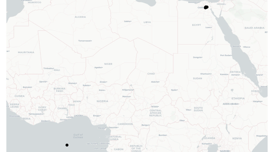 A map showing a large proportion of Africa, with several points clustered around the city of Cairo, Egypt in the top-right corner and a single point located in the Atlantic Ocean off the coast of Ghana.