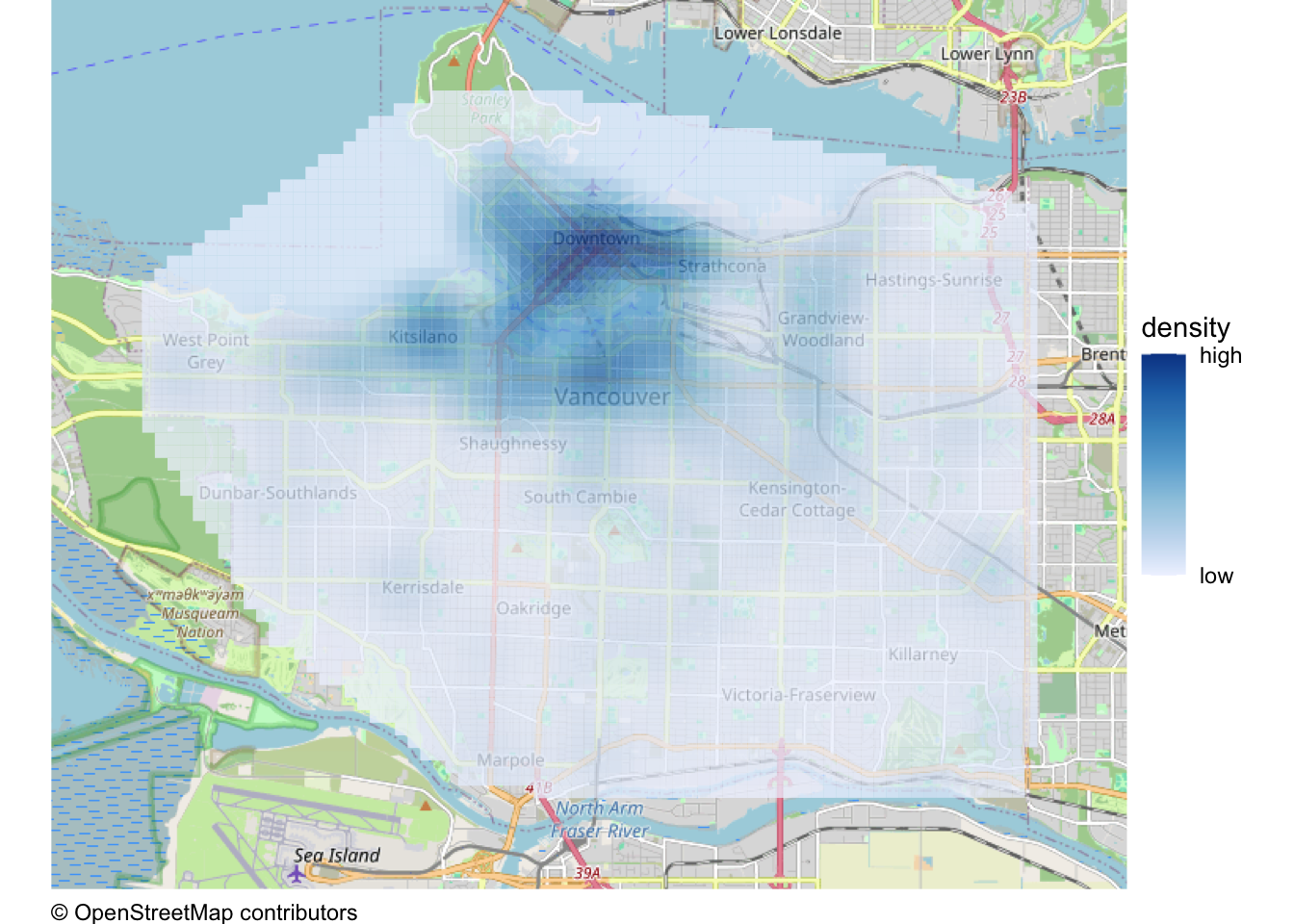 Grid-based density map of recorded bicycle thefts in Vancouver in 2020 over a coloured street map. Darker blue cells indicate higher estimated density, concentrated on the Downtown peninsula and just south of False Creek. Paler cells extend across the city, with lower density towards the south.