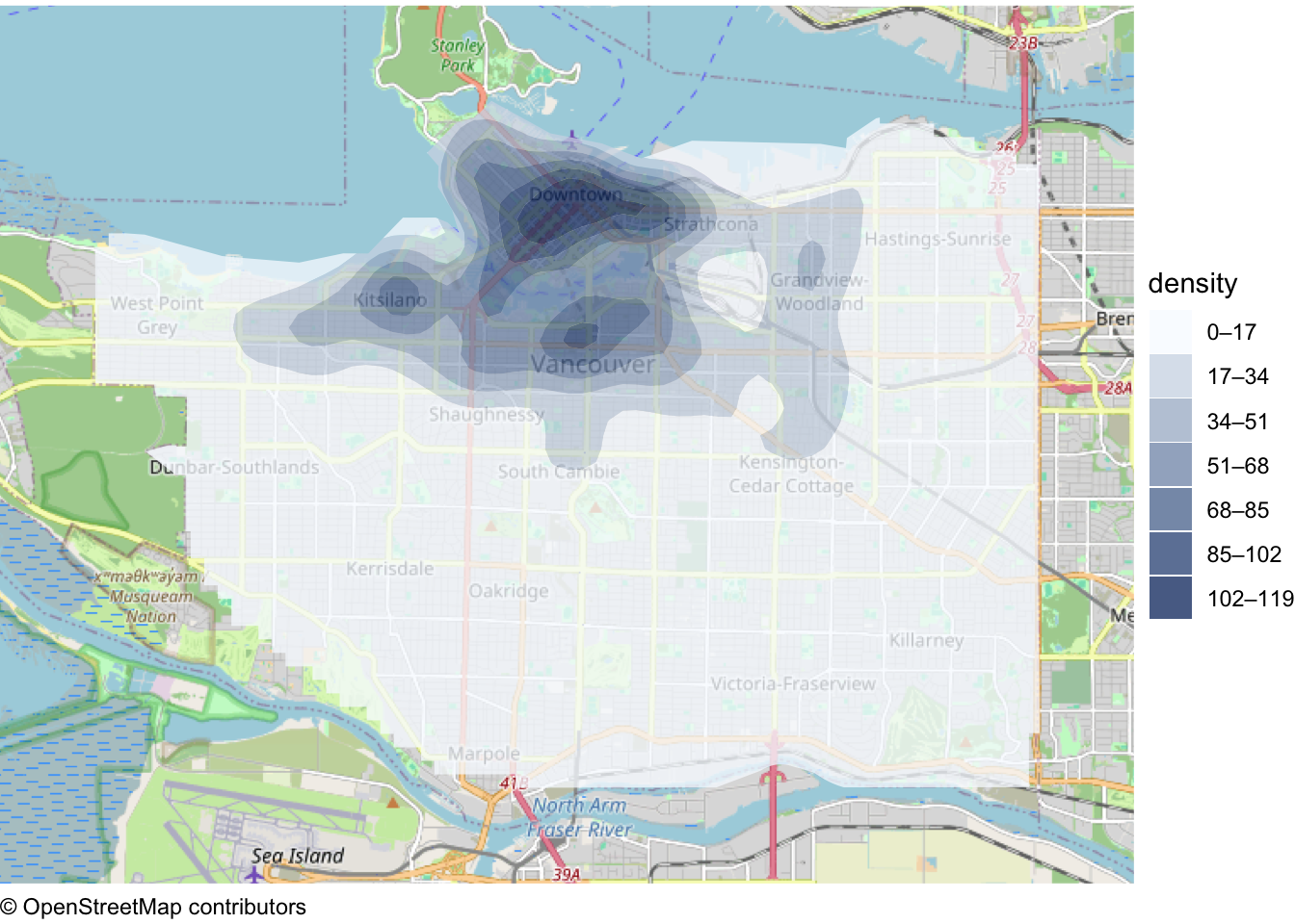 Density map of recorded bicycle thefts in Vancouver in 2020, using seven shaded bands instead of individual grid cells. Darker bands represent higher estimated density, concentrated around Downtown and the neighbourhoods south of False Creek. Curved band boundaries join places with similar density and are clipped to Vancouver.