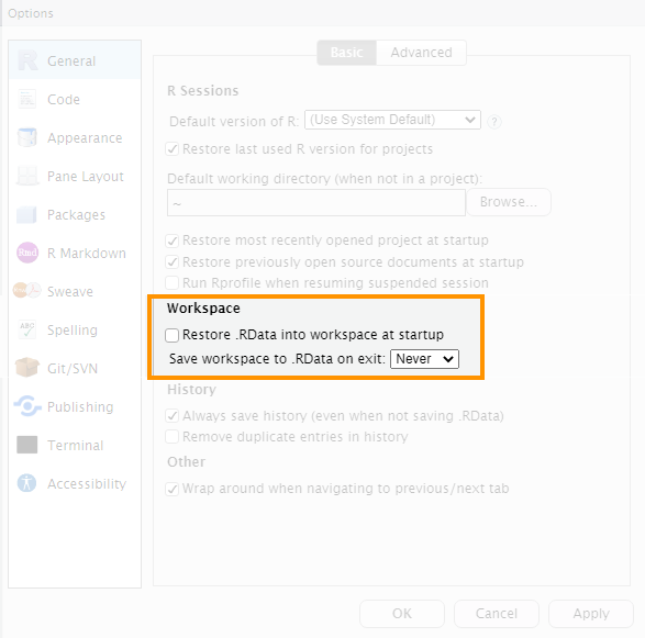 A screen shot of the RStudio Global Options dialogue box, showing which options should be selected.