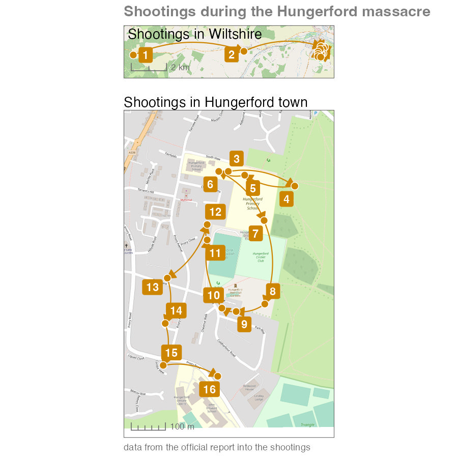 A map showing the sequence of events during the Hungerford Massacre