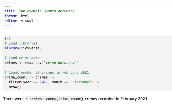 Screen shot of an example Quarto document containing a code chunk.