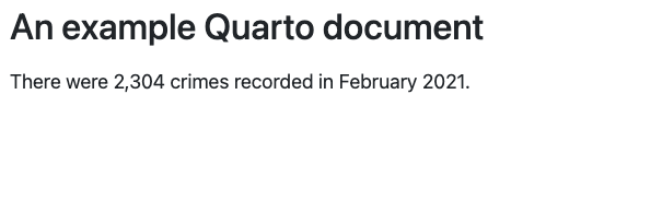 Screen shot of the output from an example Quarto document with code and chunk output suppressed.