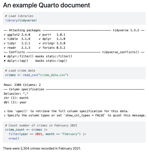 Screen shot of the output from an example Quarto document showing code and chunk output.