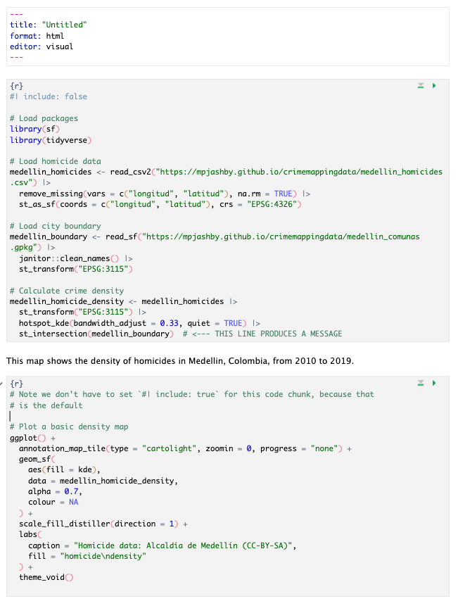 Screen shot of the a Quarto document including multiple code chunks with different chunk options.