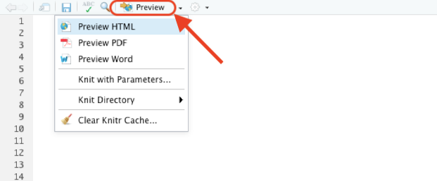 Screen shot of the Preview button in RStudio that allows converting Markdown documents to web pages, PDFs or Word documents.