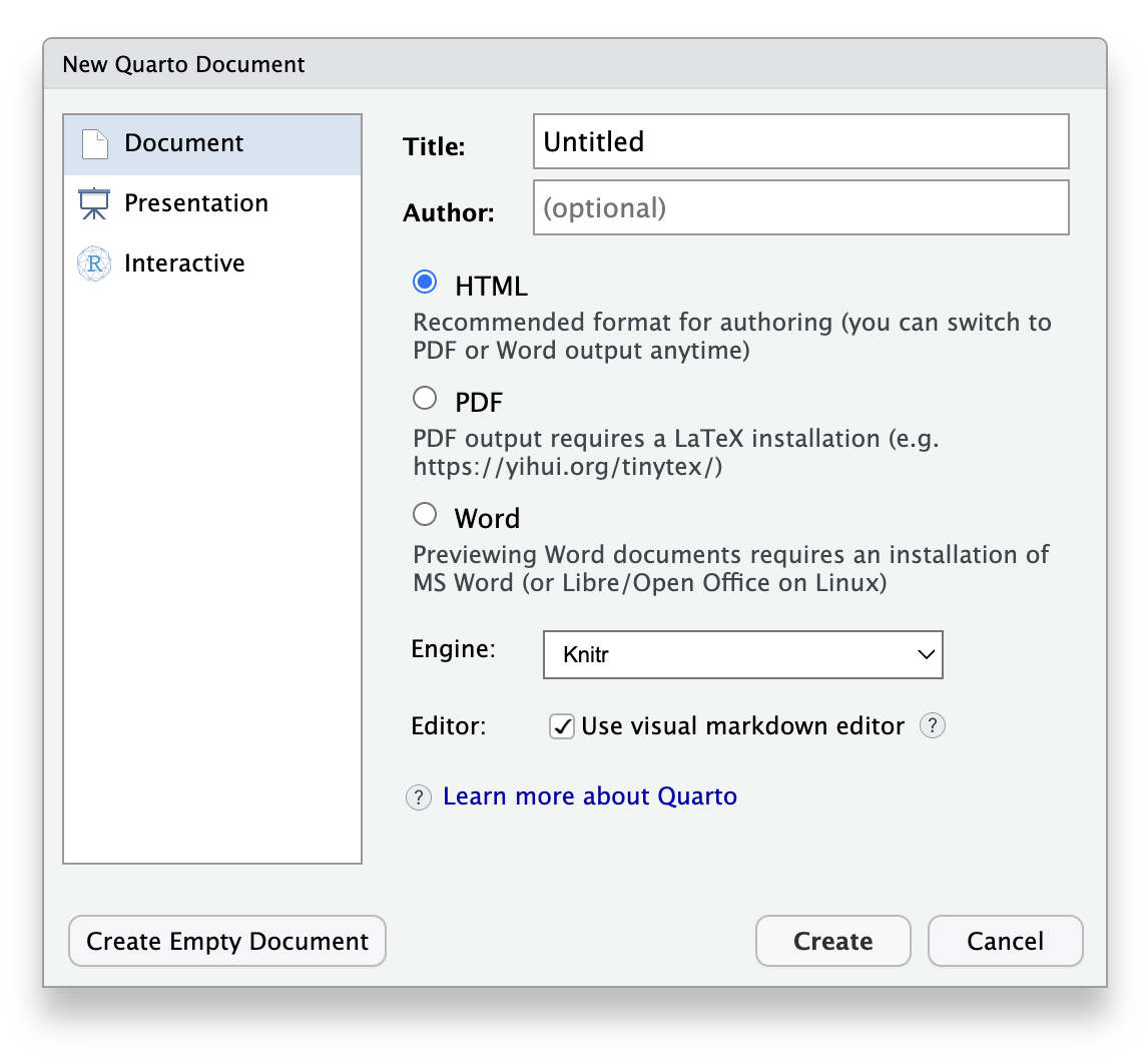 Screen shot of RStudio's dialogue box for creating a new Quarto document.