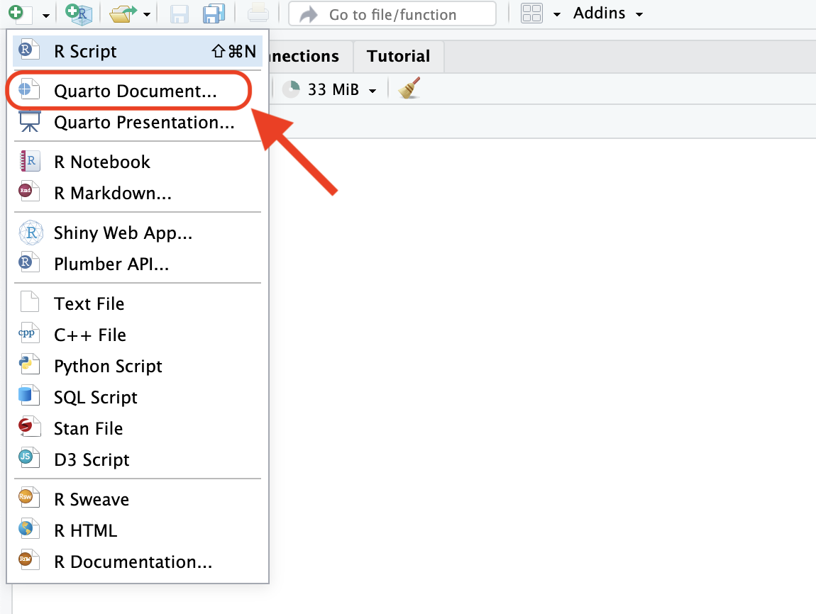 Screen shot of RStudio's menu for creating a new documents.