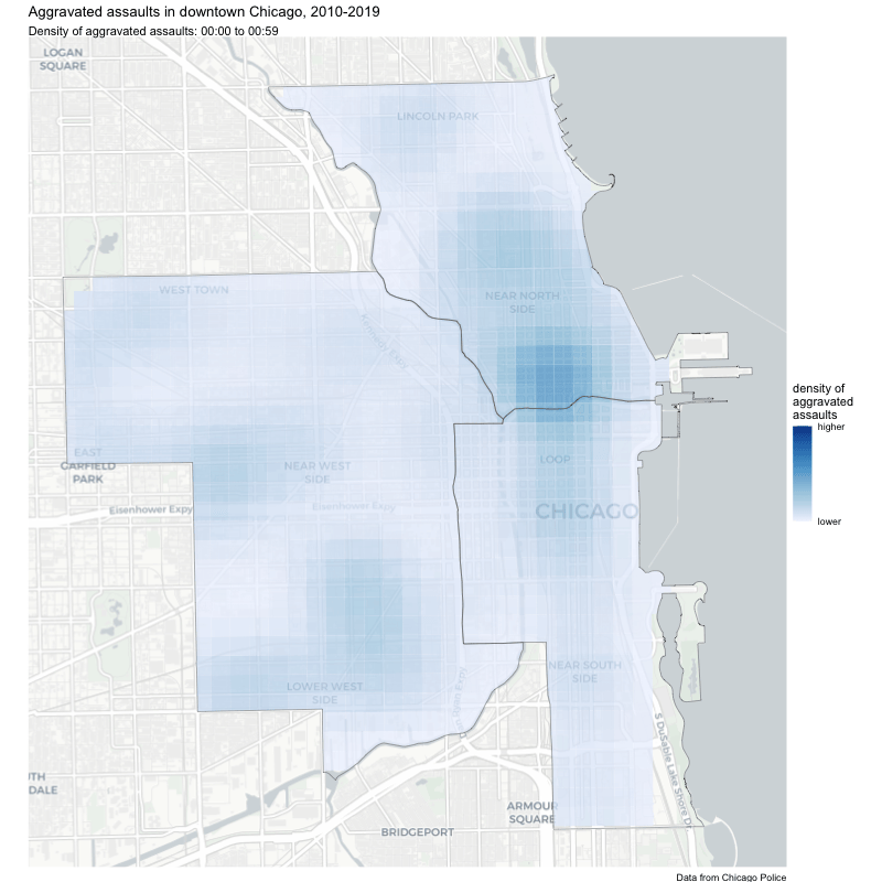 Animated map showing how the density of aggravated assaults in Chicago varies throughout the hours of the day.