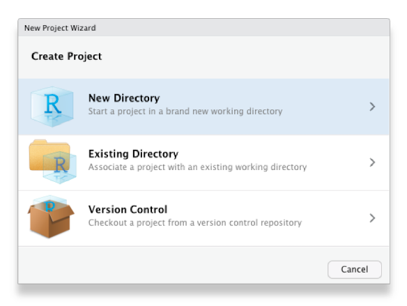 Screenshot of an RStudio window for choosing between opening a new project in a new directory, in an existing directory or based on a project from a version-control system