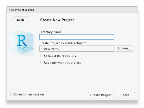 Screenshot of an RStudio window for choosing the directory that should be used for a new project