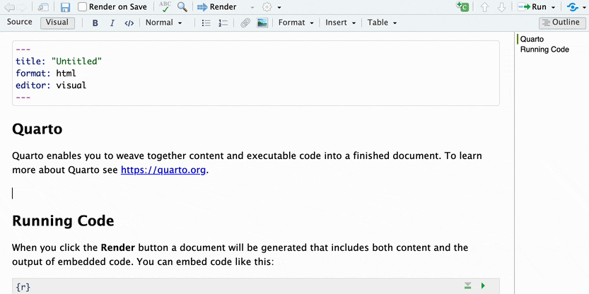 Animated screen shot of adding inline code to a Quarto document
