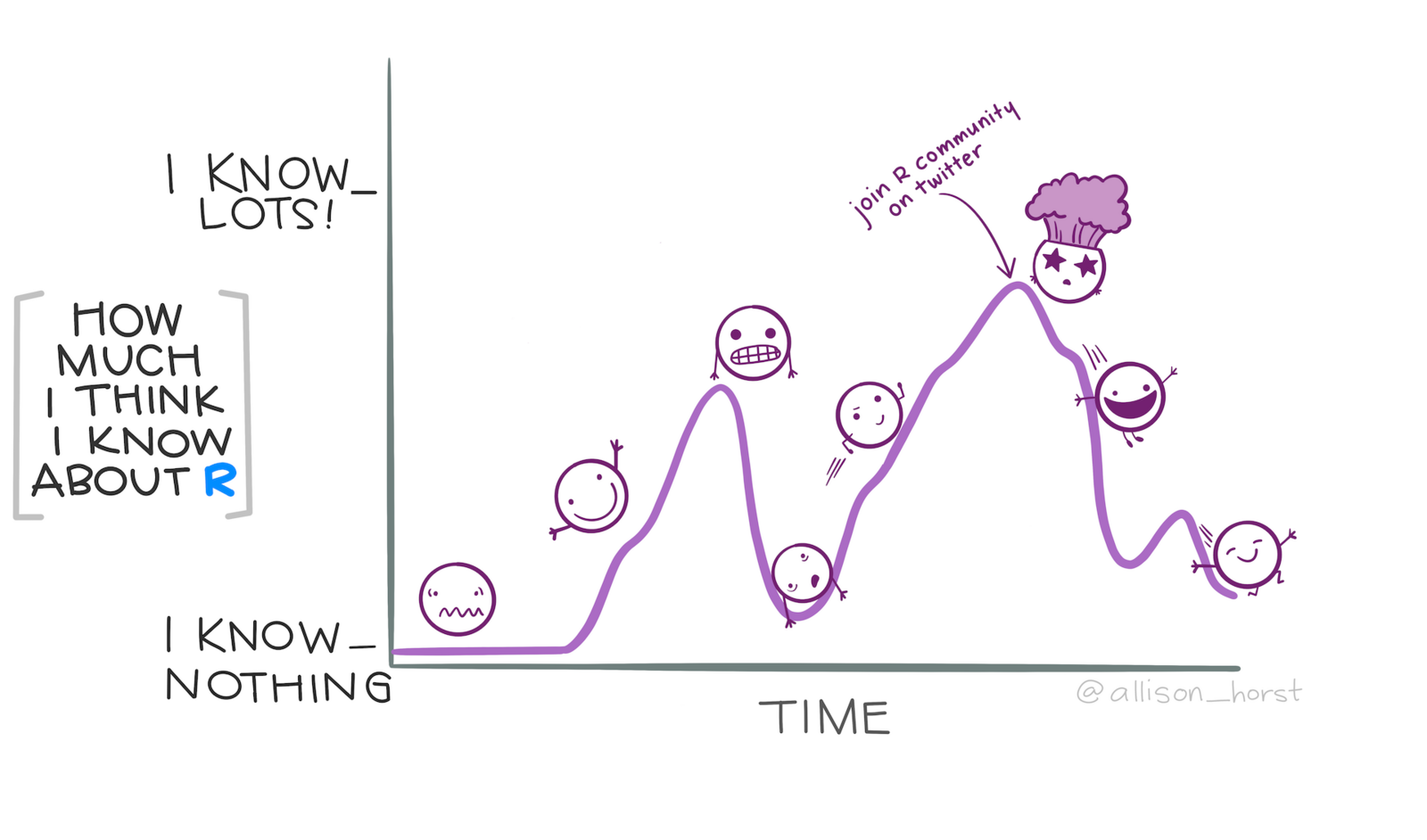 Cartoon line chart showing how you become more confident in using R over time, then less confident and then more confident again.