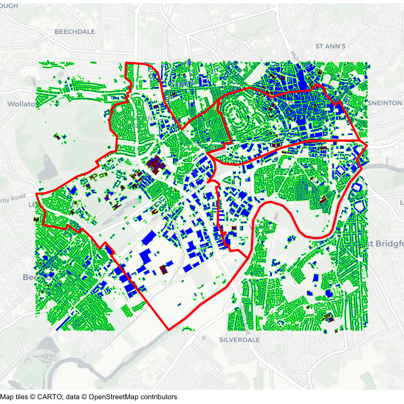 Map of buildings in three south-west Nottingham wards. Red outlines mark ward boundaries; small point symbols and blue and green building shapes compare OpenStreetMap points, polygons and multipolygons. Dense building coverage varies across the wards, illustrating why geometry types must be checked before calculating building density.