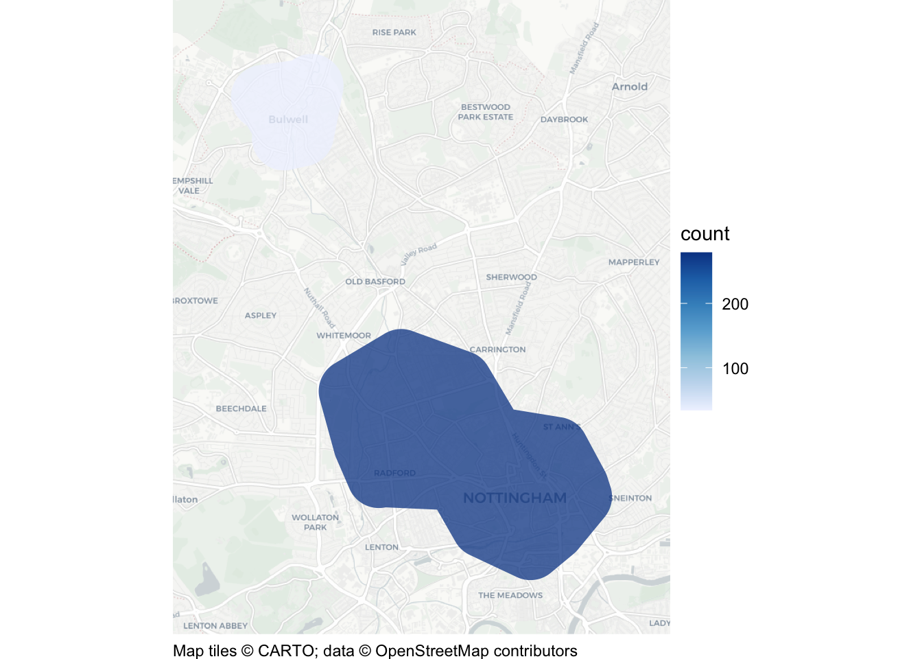 Map of Nottingham robberies in 2020 clustered with default DBSCAN settings. One large blue region joins concentrations around the city centre into a single cluster; its dark shade represents the large number of included robberies. The broad outline hides differences between the local concentrations.