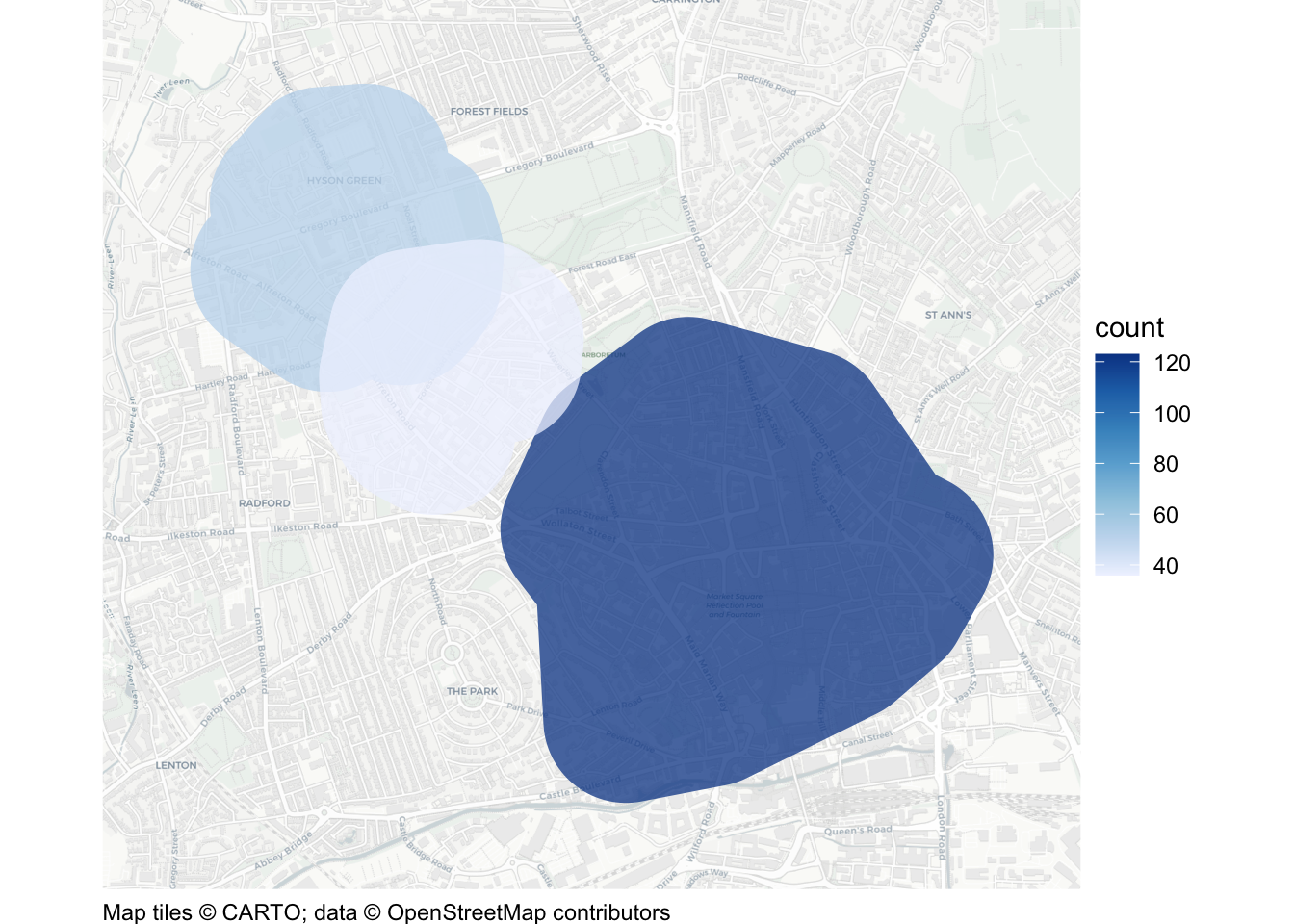 Map of Nottingham robberies in 2020 with the density adjustment raised to five. Three smaller blue regions replace the single broad default cluster. The eastern cluster is darkest and contains the most robberies; two paler clusters lie to its north-west. Shading represents counts within clusters.