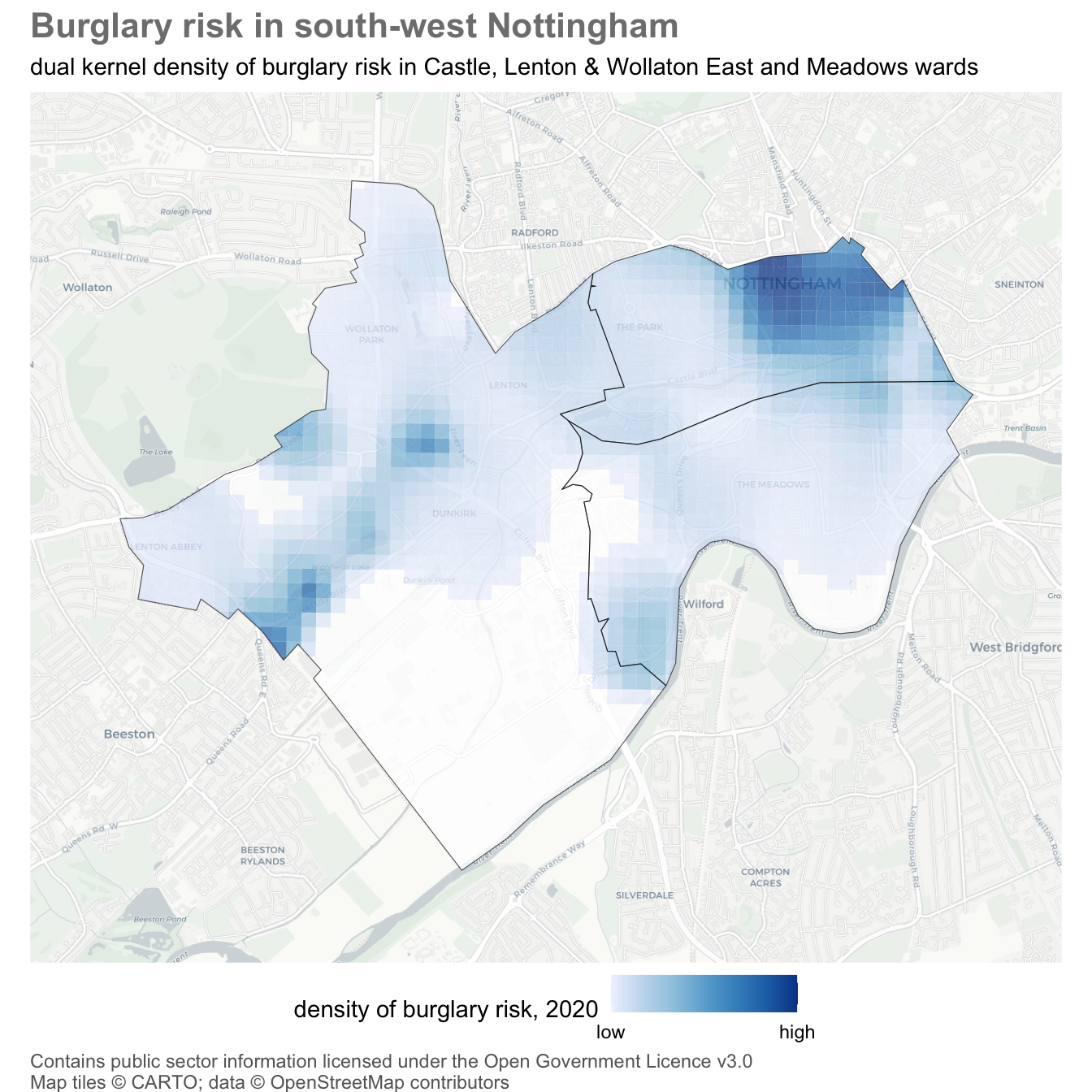 Map of estimated burglary risk in Castle, Lenton and Wollaton East, and Meadows wards, Nottingham, in 2020. Darker blue means a higher ratio of burglary density to building density. The darkest broad patch lies in the north-east of the mapped wards, with smaller darker patches further west. Black ward outlines locate the surface.