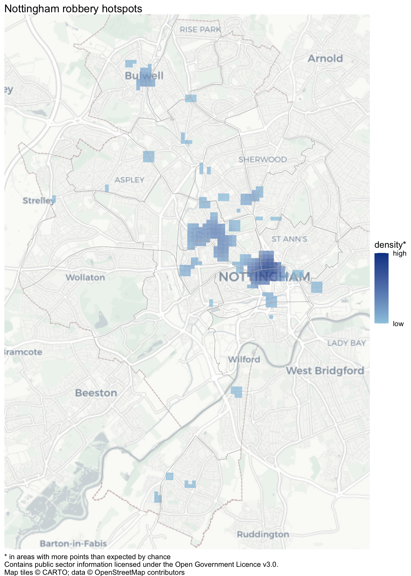 Map of statistically significant robbery hotspots in Nottingham in 2020. Coloured grid cells identify locations with more robberies than expected by chance; darker blue means higher robbery density. Cells cluster around the city centre, with smaller groups further north and south. Uncoloured areas are not identified as significant hotspots.