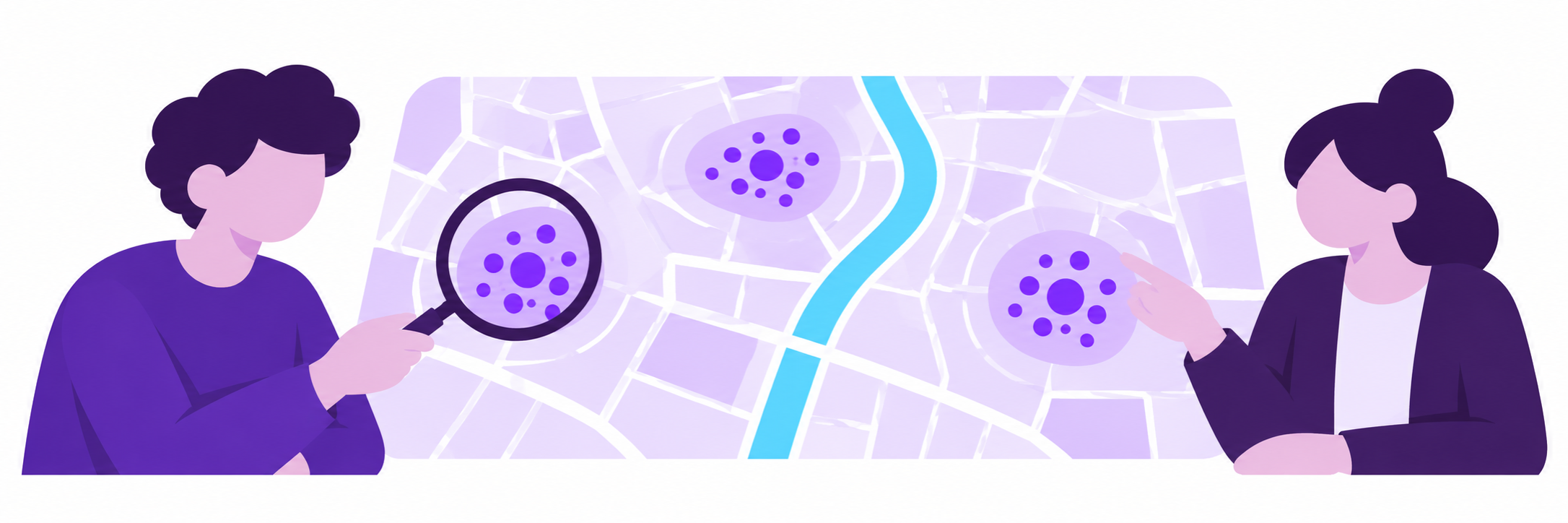 Students inspect distinct clusters of purple dots on a map.