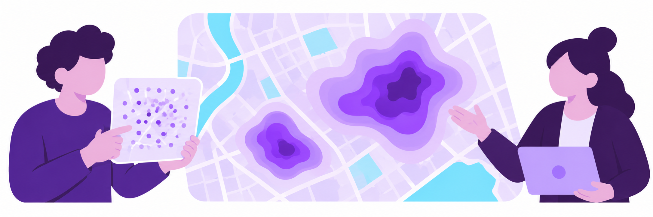 Students compare point locations with broad purple density bands on a map.
