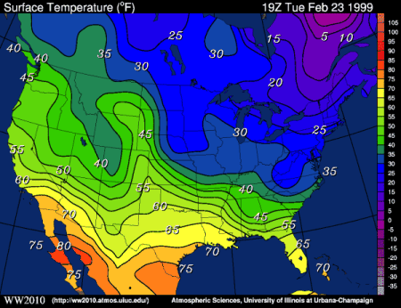 Weather map of surface temperatures across the contiguous United States. Labelled contour lines connect equal temperatures in degrees Fahrenheit, with coloured bands between them. The north is mostly cooler blue and purple, while the south is warmer green, yellow and orange. The example shows how contour lines and shaded bands represent a continuous surface.